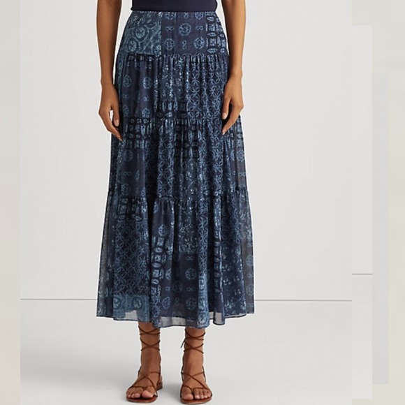 Lauren Ralph Lauren Geo Print Crinkle Georgette Skirt Tiered Maxi Blue 16 Boho - Picture 2 of 7